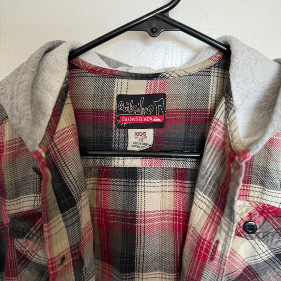 Quiksilver hooded flannel shirt Kids Size 7x red/grey/cream surf skater beach - Picture 2 of 7